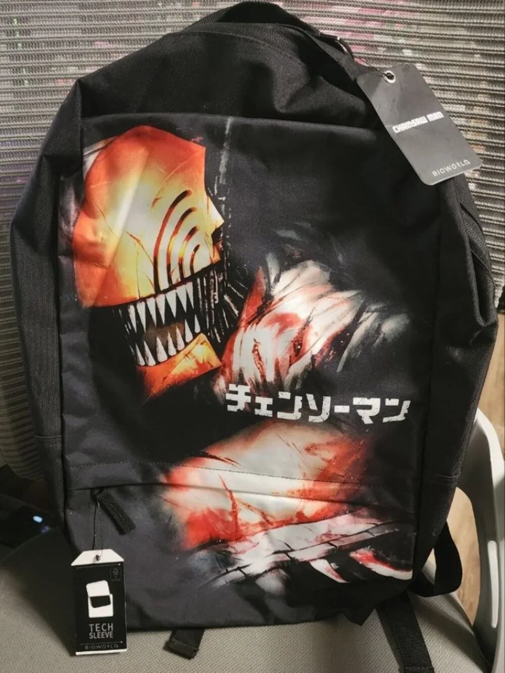 Chainsaw Man Anime Backpack Black Japanese Text Adjustable Straps Zippered
